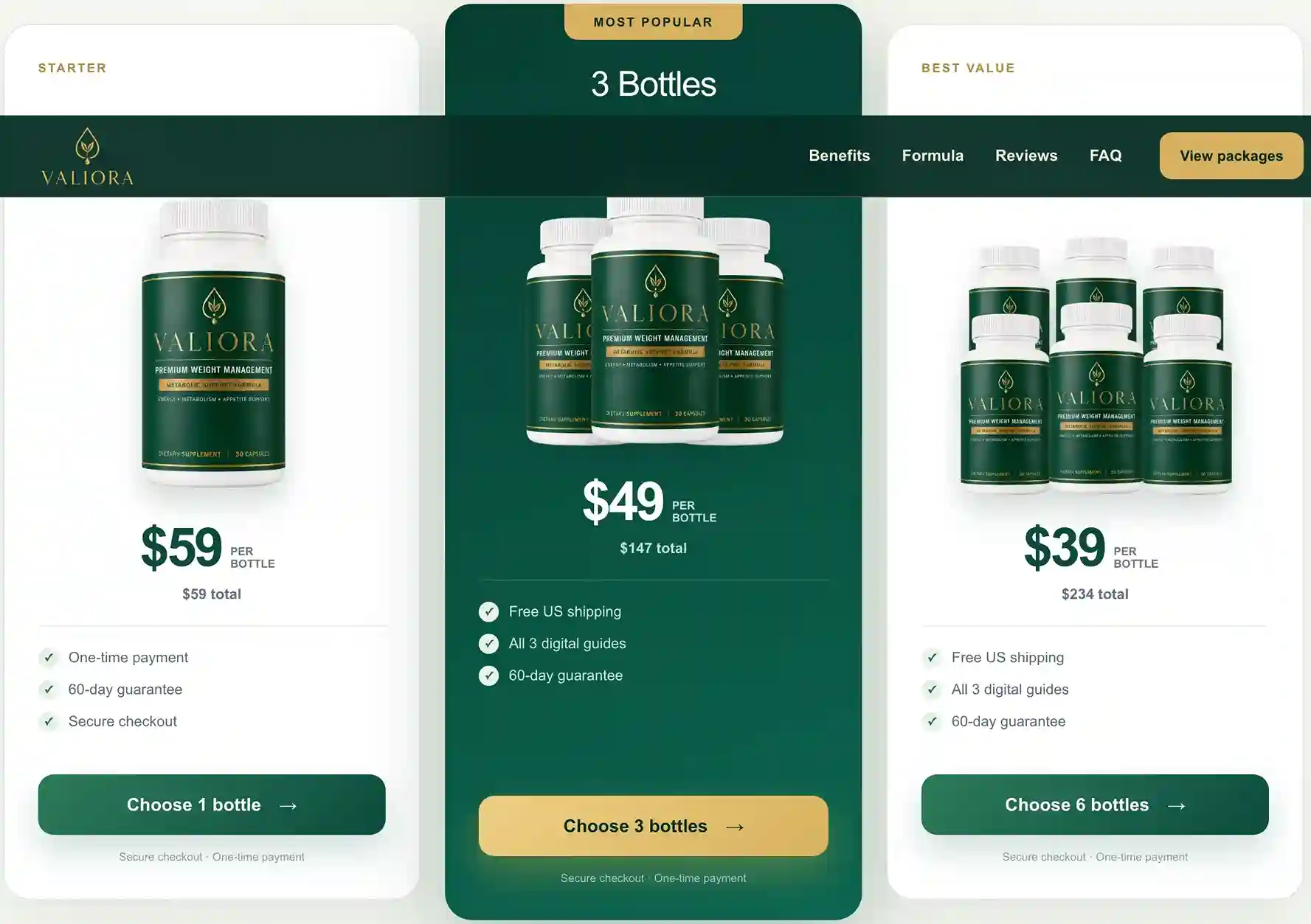 Valiora Pricing — Best Value 6-Bottle Pack with 3 Free Bonuses and 60-Day Guarantee